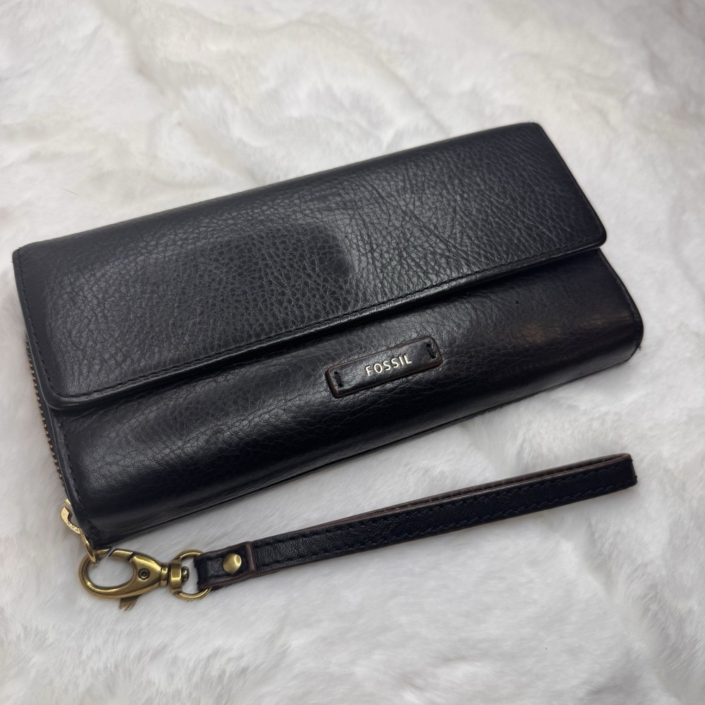 Fossil Black Pebbled Leather long Trifold Wallet For Women With Gold Hardware